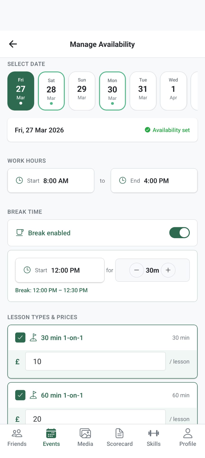 Coach availability, work hours and lesson pricing