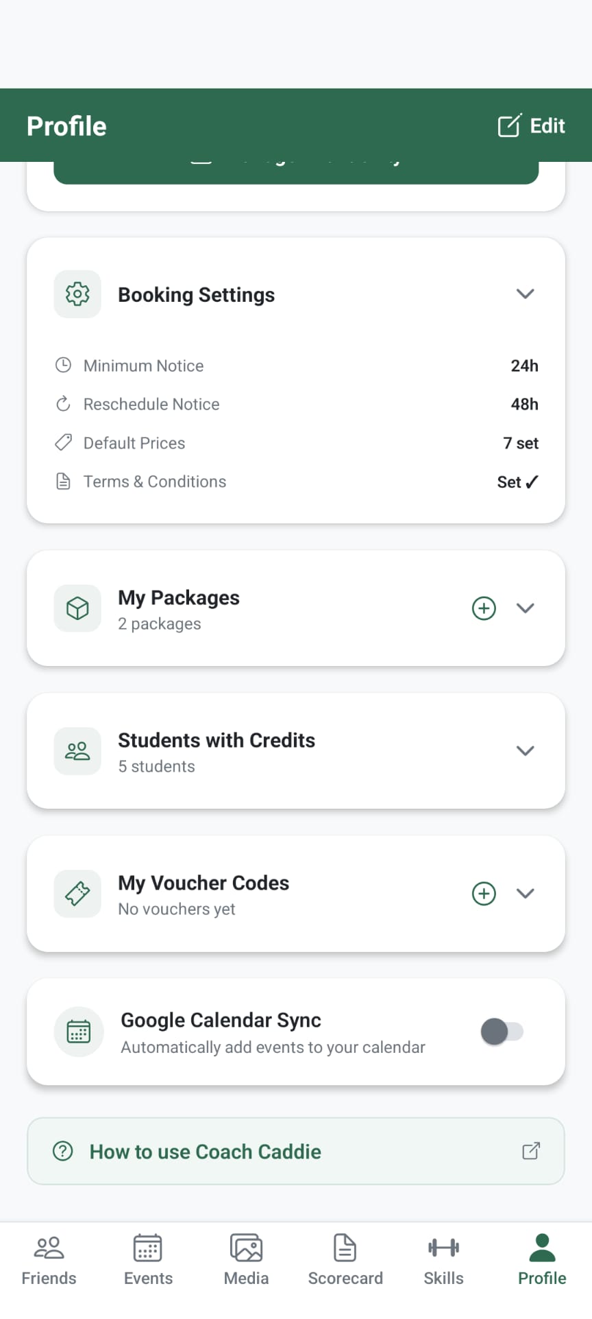 Booking settings, packages and student credits