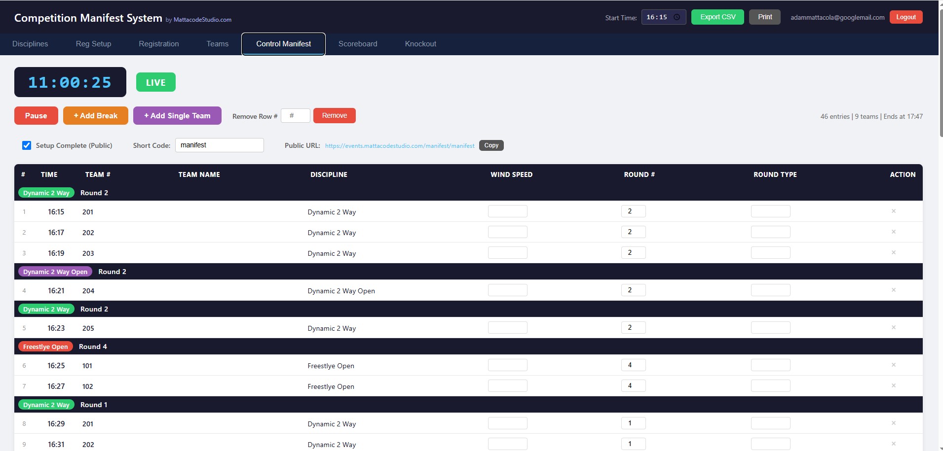 Live control manifest for organisers