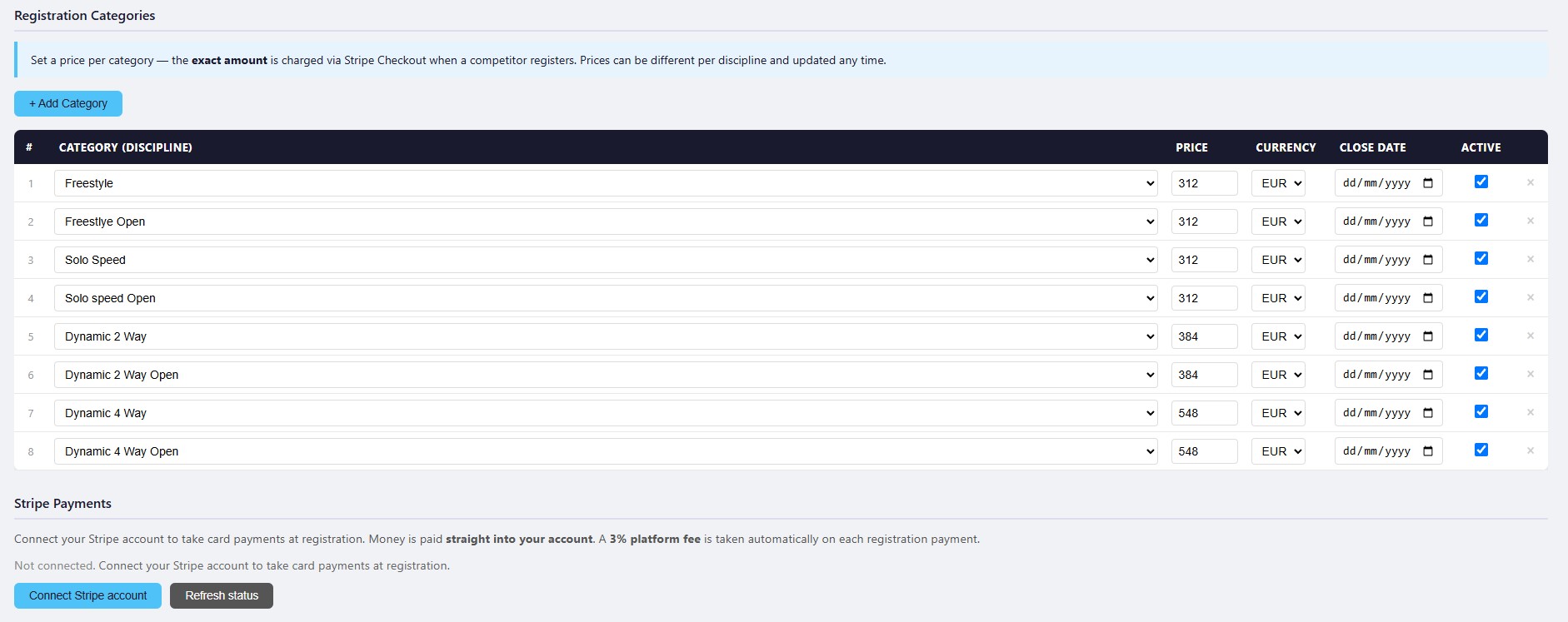 Registration categories, pricing and Stripe payments