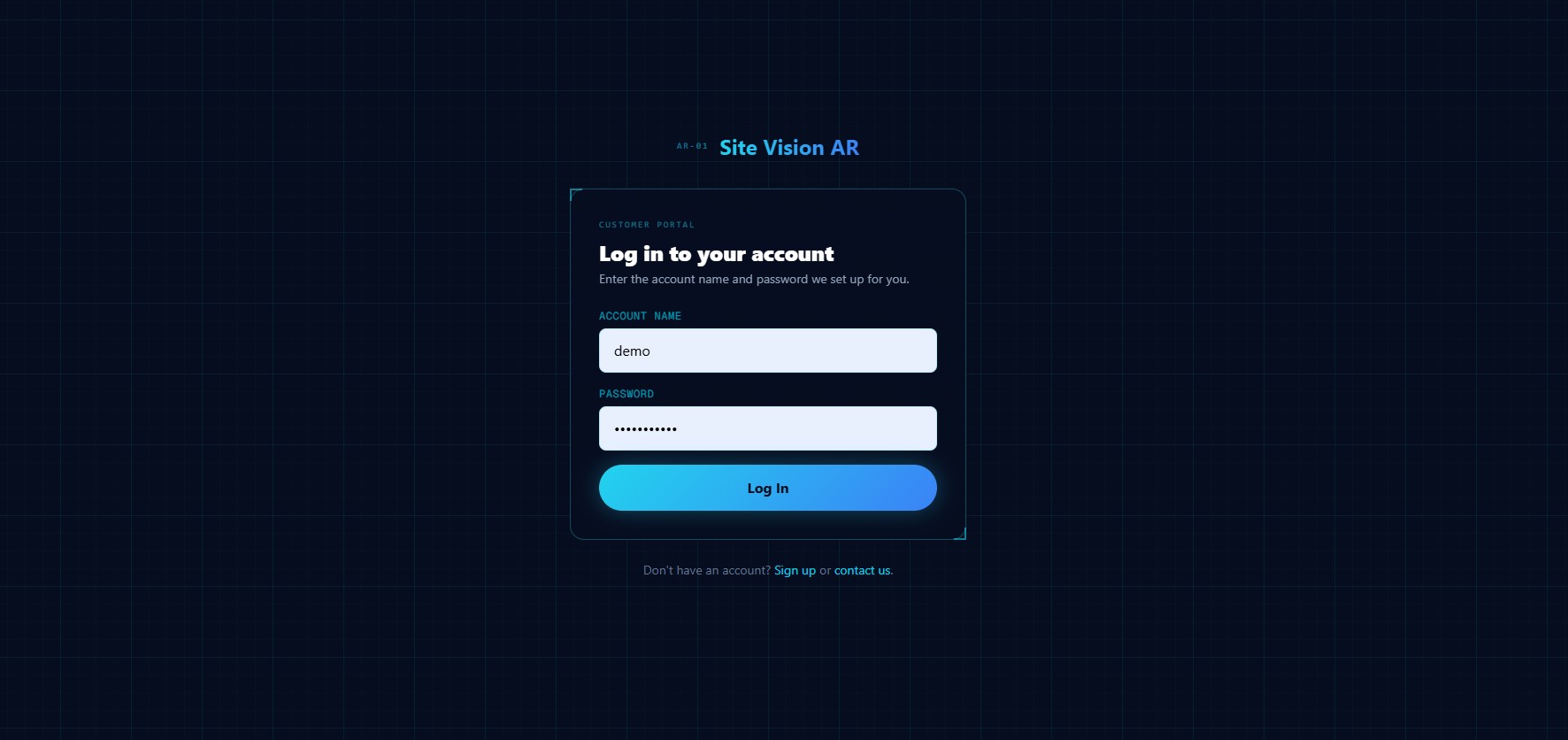 SiteVisionAR customer login portal